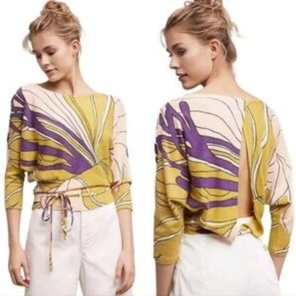 MOTH mod TRAMMA open back sweater Small anthropologie 3/4 sleeve knit belted top - Picture 1 of 5